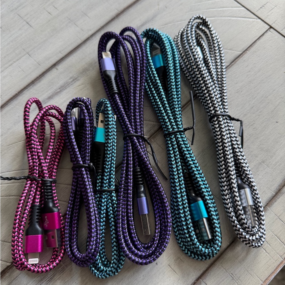 NWOT Braided Charging Cable Set - Purple, Pink, Teal, Black & White - 6pk
